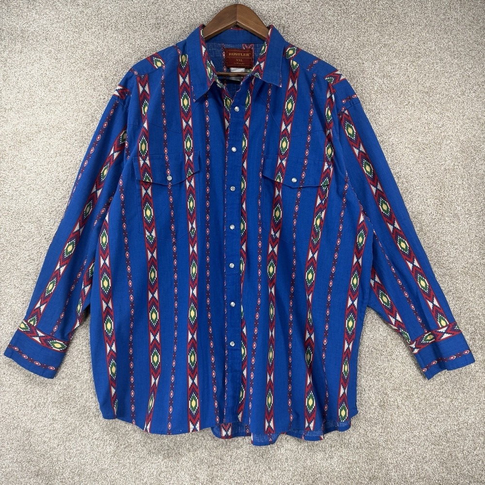 VTG Rustler By Wrangler 90s Shirt XXL Cowboy Rodeo Blue Red Stripe Southwestern